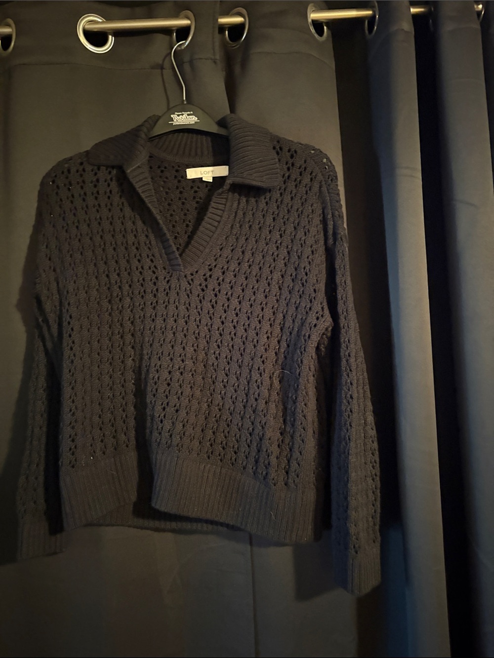 LOFT Black Open-Knit V-Neck Sweater with Collar